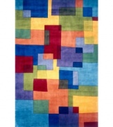 A dynamic mix of bright colors and geometric shapes creates an arresting rug that recalls the best of modern art. The color palette of blue, red, salmon, yellow and sage gives the piece a vibrant, buoyant style that lends your home a striking, contemporary look.