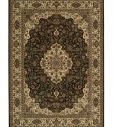 Distinctive flair with roots in Persian design. This exquisitely ornate area rug is abound in deep, sumptuous chocolate tones, highlighted by a dramatic central medallion, and crafted from Nourison's own Opulon(tm) yarns for a densely woven pile with long-lasting color retention and durability.