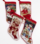 Embrace a beautiful tradition with needlepoint Christmas stockings. Stitched holiday motifs adorn the front from heel to toe, reversing to solid red velvet.
