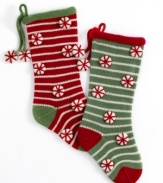 Knitted peppermints and stripes in this adorable Christmas stocking give any holiday setting a homespun feel. From Jabara.