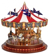 Beautiful hand painted animals go round and round while a plethora of flags move up and down in this innovative Anniversary Carousel from Mr. Christmas. With illuminated panels, a musical light show with LED lights and a classic peaked fabric roof, this piece is sure to become a Christmas classic in your home. Plays 20 Christmas carols and 20 year-round classics.