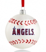 Hit a holiday home run with Kurt Adler's MLB baseball ornament for Angels fans. Red and white glass offers cheer that lasts well beyond the season.