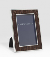 An elegant, silverplated brass frame, wrapped in alligator-embossed leather. Arrives in a gift boxImported DIMENSION INFORMATION4 X 6 (6 X 8 overall)5 X 7 (7 X 9 overall)