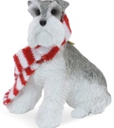 Bark up the right tree with a Christmas ornament for your dog – or a fellow animal lover! A handsome gray Schnauzer poses in his holiday finest – a candy-cane striped scarf. From Sandicast.