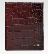 Crafted of crocodile-embossed Italian calfskin, it includes 5 credit card slots and passport compartment. 4.5 X 5CalfskinMade in USAFOR PERSONALIZATIONSelect a color and quantity, then scroll down and click on PERSONALIZE & ADD TO BAG to choose and preview your monogramming options. Please allow 1 week for delivery.