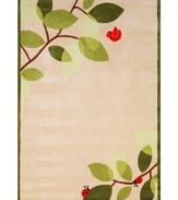Let your tween's unique style shine with this adorably offbeat rug from Momeni's Lil Mo Whimsy collection. Designed to help update outgrown decor, the Whimsy collection is a perfect match for would-be artists and dreamers. Two ladybugs and a little birdie adorn this ivory rug amid spring-green leaves for a marvelously mod look. Hand-tufted mod-acrylic is soft, strong and flame-retardent.