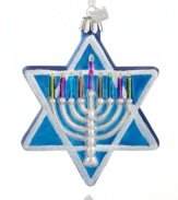 Have a happy and a merry with the Star of David ornament, featuring a silver menorah with colorful candles from Kurt Adler.