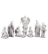 Statuesque in an antique white finish, this nativity set captures the timeless beauty & wonder of the Christmas miracle. The pensive faces gathered around the baby Jesus add a peaceful allure to this detailed scene.