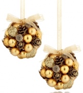 Nature-inspired beauty sits upon your tree with these beautifully crafted Kissing Ball ornaments. Golden spheres blend with rustic pinecones all coated with gold sparkles for a luxe effect.