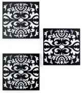 Fill in the blanks with Myriad wall tiles. Stamped metal featuring a vintage floral motif lends elegant character to a living room, bedroom or bath.