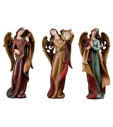 Hear the angels sing. A trio of angels prepares to sing a delightful tune in these beautifully crafted figurines that bring a gentle and peaceful feel to your home.