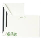 Get everybody's wheels spinning with From Me to You stationary. A letterpress bicycle print comes around the corner on white cards with stripe-lined envelopes from kate spade by Crane.