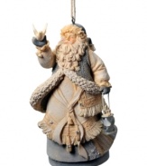 Adorn your tree with this traditional Gift of Peace Santa ornament, featuring crystal embellishments and a peaceful dove perched upon Santa's mitten.
