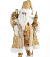 Embrace a whole new side of Santa Claus. At over a foot tall, this elaborate figurine shines in head-to-toe gold from Holiday Lane. Even his staff and sack match for a look of lasting holiday grandeur.