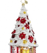 A mini tree complete with a plethora of mini presents, this elegant ornament from Christopher Radko sets a festive mood with traditional red and gold hues and frosty glitter accents.