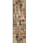 A modern design of animated beauty, this rug renders columns in an abstract collage of rectangles accented with graceful curvilinear details. A cool green palette is tinged with warm hues of brown. Woven of premium Opulon(tm) yarns to create a lavish pile with a rich, color-enhancing finish.