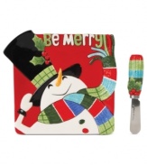 Make holiday treats extra merry with a whimsical Fitz and Floyd snack plate. An over-the-top hat and braided detail in his scarf make the snowman a standout on casual tables. With a scarf-patterned spreader to match.
