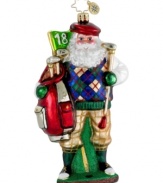 A very special Christmas caddy, Santa Claus putts your tree over the top in head-to-toe holiday plaid. The perfect ornament for the golfer in your family, with the handcrafted brilliance of Christopher Radko.