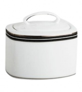 In the hands of kate spade, black and white is anything but basic. Dancing ebony stitched stripes provide a stunning contrast to the pristine china of the Union Street covered sugar bowl (shown front right).