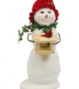 Something for on and under the tree, this thoughtful snowman brings a new house for her feathered friend. With a holiday-red bonnet and holly scarf by Byers' Choice.