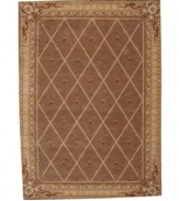 Infusing classic design with modern flair, this rug features a striking lattice pattern studded with rosettes on a weathered cocoa ground, bordered with floral and vine accents. A premium wool weave imparts rich texture and indulgent softness.