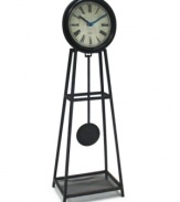 Enjoy every moment at home with this wrought iron clock. A working pendulum hypnotizes everyone around your table with grand, traditional style. Black metal hands point to bold Roman numerals on a classic off-white dial.