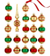There's no better time to get nostalgic. A hand-painted tree topper and ball ornaments reminiscent of Kurt Adler's original 1940's designs recall beautiful memories of Christmas past. Featuring red and green stripes on glistening gold.