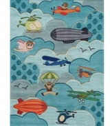 Flight cool! Bring the wonders of the skies down to earth with this bright, quirky and irresistibly adorable area rug from Momeni. Plane, blimps and even pigs are hand-tufted from soft, durable modacrylic, featuring hand-carved details for texture that brings the landscape to life.