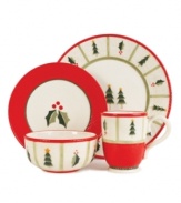 Celebrate every day with the cheery Christmas foliage of Timberline dinnerware by Fitz & Floyd. Durable stoneware makes heating and cleaning up after meals a cinch for merry laid-back dining.