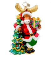 Just a moose and his spruce, this whimsical Christopher Radko ornament brings good cheer to any branch in artfully crafted, brilliantly hand-painted glass.
