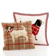 A playful pup offers a whimsical look for your space in this Martha Stewart Collection Dogs decorative pillow, featuring applique details for rich texture and a festive plaid border.