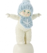 Standing atop a snow mound, this adorable baby boy is about ready to spin. Crafted of porcelain bisque, this Snowbabies figurine makes an adorable gift for any new parent.