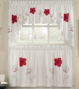 Decorated with lush red poppies embroidered on a soft white background, the Poppy window valance offers an artistic and modern point of view fit for any window. Coordinate with matching tiers to complete the look.