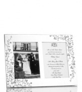Etched with cascading florals, the silver-plated Trousseau double invitation frame from Martha Stewart Collection presents wedding photos and other sentimental items with fresh elegance. With velvet backing.