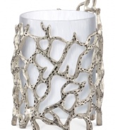 Natural wonder. Organically molded, cast and finished by hand, the Abstract Coral mini hurricane exemplifies Donna Karan's love of elemental textures. Nickel-plated brass echoes the intricate tendrils of undersea creatures in a vase that perfectly suits modern homes.