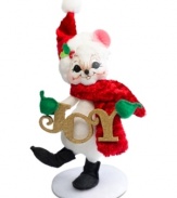 A very merry mouse says it all, wearing a velvety red scarf and Santa hat in Annalee's festively crafted Joy to the World figurine.