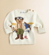 An adorable crewneck sweater in hearty flat-knit cotton is accented with an adorable intarsia-knit bear.CrewneckLong sleeves with rolled ribbed cuffsRibbed neckline, cuffs and hemCottonMachine washImported