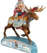 Santa forgoes the comfort of his sleigh for a moose in this elaborate figurine from DeBrekht. The sights he sees are echoed in beautiful scenes hand painted on the animal and stand below.