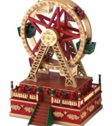 Join the merriment of the Mini Carnival, brought to you by Mr. Christmas. An animated ferris wheel filled will holiday revelers tops a wind-up music box playing a favorite Christmastime tune.