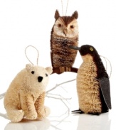 Bring a bit of arctic cool to your tree with too-cute animal Christmas ornaments, crafted of natural buri. Featuring a polar bear, owl and penguin, all from Martha Stewart Collection.