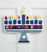 Keep the flame going with the Happy Hanukkah wall plaque. A sparkling blue menorah is a festive sight in any room, all throughout the holiday.