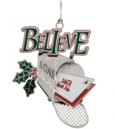 Send Santa a message. With festive holly detail, the Believe mailbox ornament from Baldwin is an inspiration to everyone around your tree.