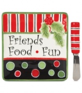 Welcome friends, food and fun with the festive spirit of Fitz and Floyd. Red stripes, polka dots and sculpted holly make this snack tray a surefire holiday favorite. With coordinating spreader.