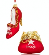Accessories make the tree. Holiday-red Macy's pump and matching handbag ornaments make the cut for high-fashion Christmas trees. With gold glitter, shimmering beads and luxe detailing. Bag hangs from chain handle.