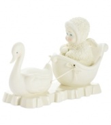 An adorable little one takes a snowy ride through a winter wonderland, creating a magical scene with this Snowbabies figurine from Department 56.