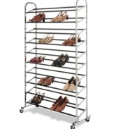 Pair up and conquer clutter. A smart addition to any space, the durable chromed steel tower holds and displays up to 50 pairs of shoes, clearing up floor space and making your morning outfit choices that must easier.