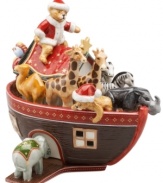 Set sail for Christmas. Much more than a votive holder, this Noah's Ark design from Villeroy & Boch tells a story with giraffes, bears and more wild creatures on a ship crafted with a distinct vintage feel. Light streams through ark windows.