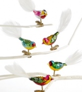 Enliven a Christmas tree with these very clever clip-on glass bird ornaments from Kurt Adler. With their jewel-tone bodies and long white feather tails, they also make a beautiful gift.