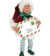 Special delivery! This dedicated kindle doesn't leave anything to chance, collecting and sorting all of Santa's mail himself. An adorable figurine with the unmistakable style of Byers' Choice.