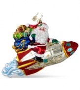 Out of this world. Santa spreads holiday cheer beyond the globe in Christopher Radko's Fly My to the Moon ornament, featuring mouth-blown, hand-painted glass crafted with extraordinary detail.